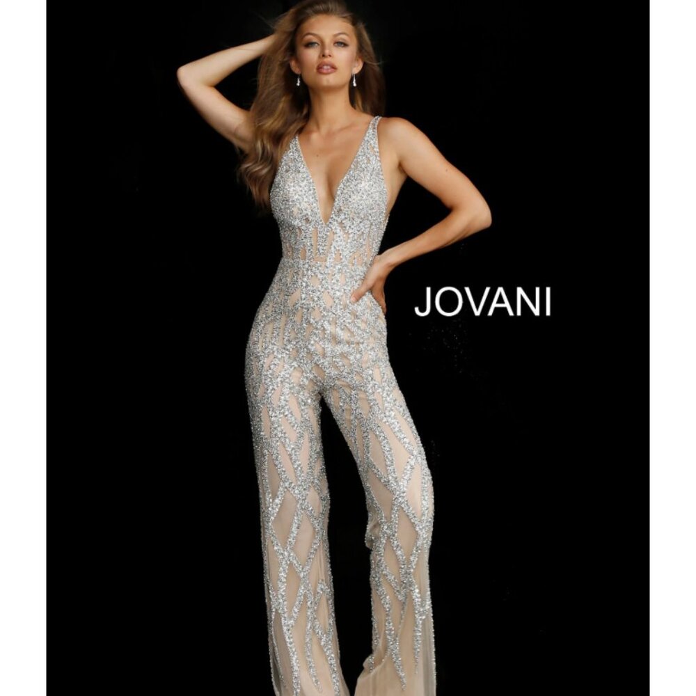 EUC Jovani 61573 Rhinestone and Sequin Embellished Resplendent Jumpsuit